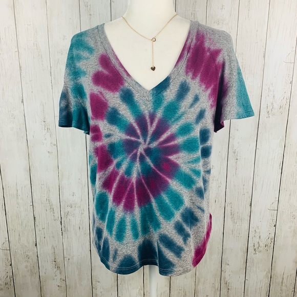 🔥ANTHROPOLOGIE🔥T. LA SPIRAL TIE DYE TEE V-NECK T-SHIRT GRAY/PURPLE XS NWT - Picture 4 of 7